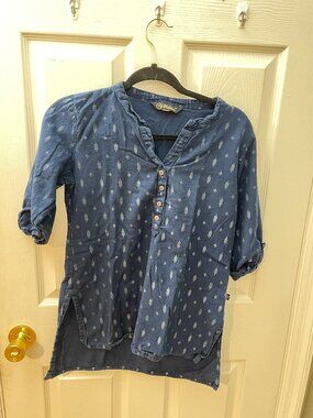 Blue Printed Tunic Top Women Size [S/M] Roll Sleeve Casual Blouse Boho